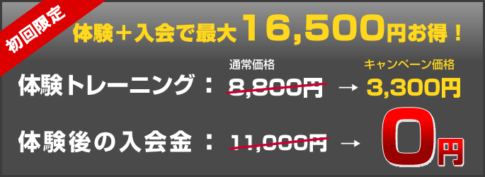 初回限定 最大16,500円お得！体験トレーニング：通常料金8,800円→キャンペーン料金3,300円！体験後の入会金０円！！